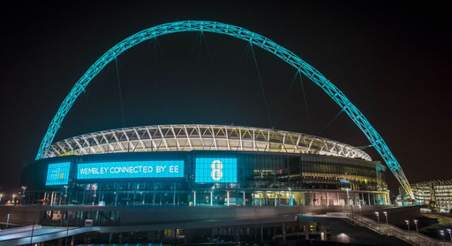 The Wembley arch lit up by special EE connection